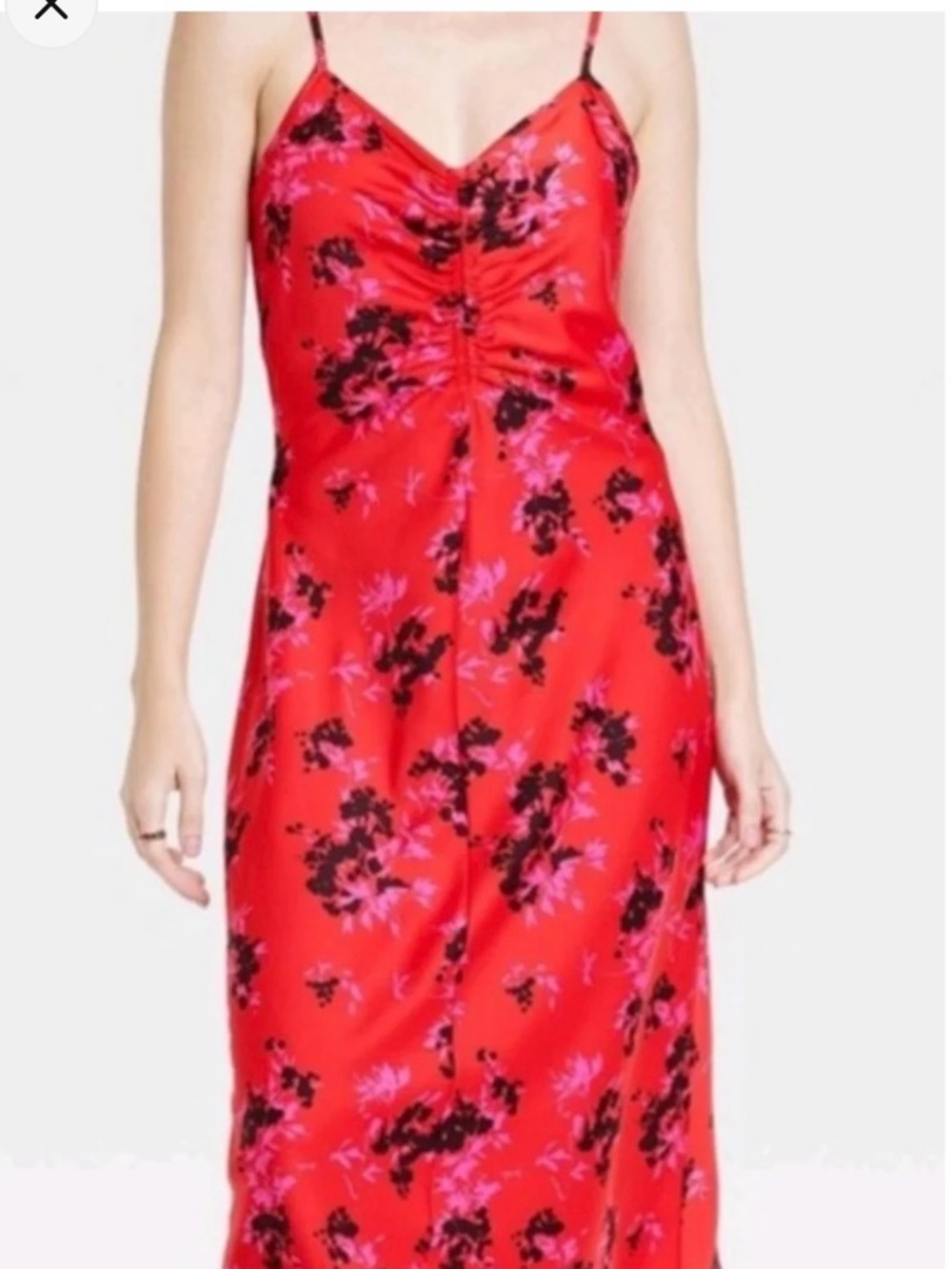 Spring wedding dress Red Floral satin Spaghetti adjustable Straps size XL